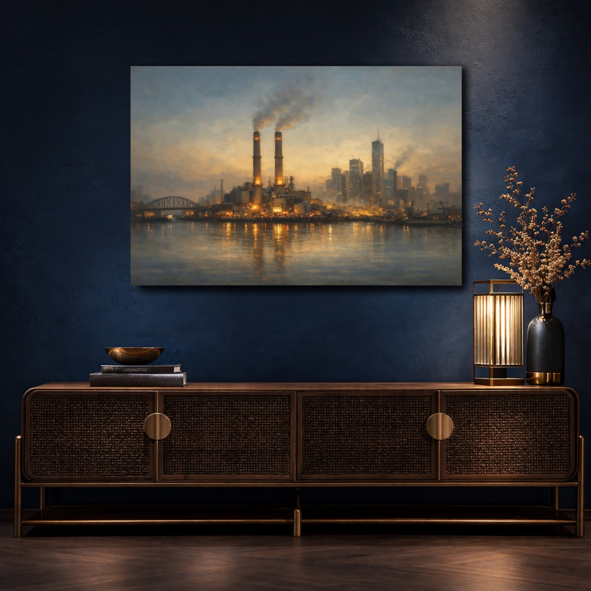 Mockup 4. Science Fiction Industrial Skyline Industrial Cityscape shown as stretched canvas wall art