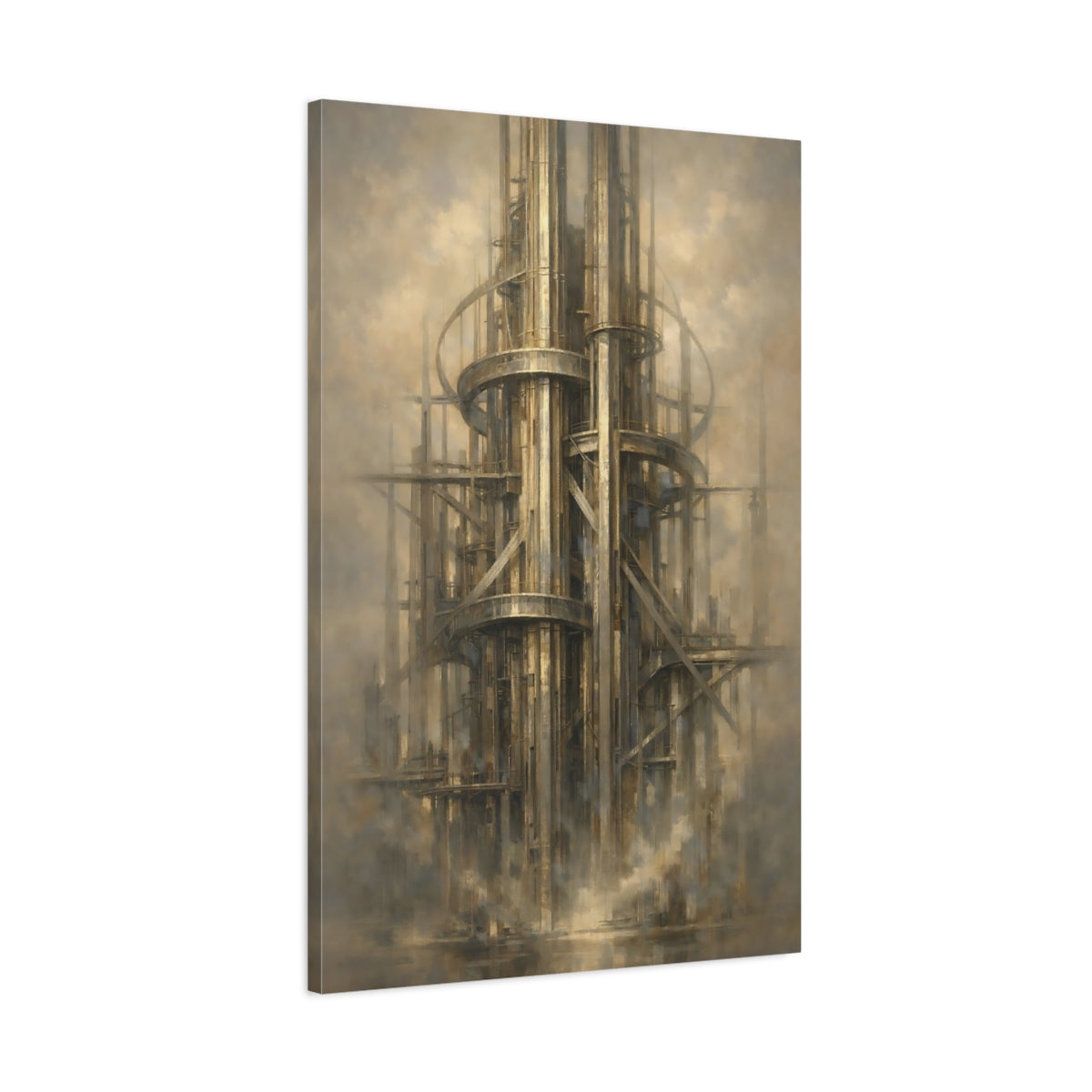 Side Mockup 1. Science Fiction Industrial Tower Sci-Fi Architecture shown as stretched canvas wall art