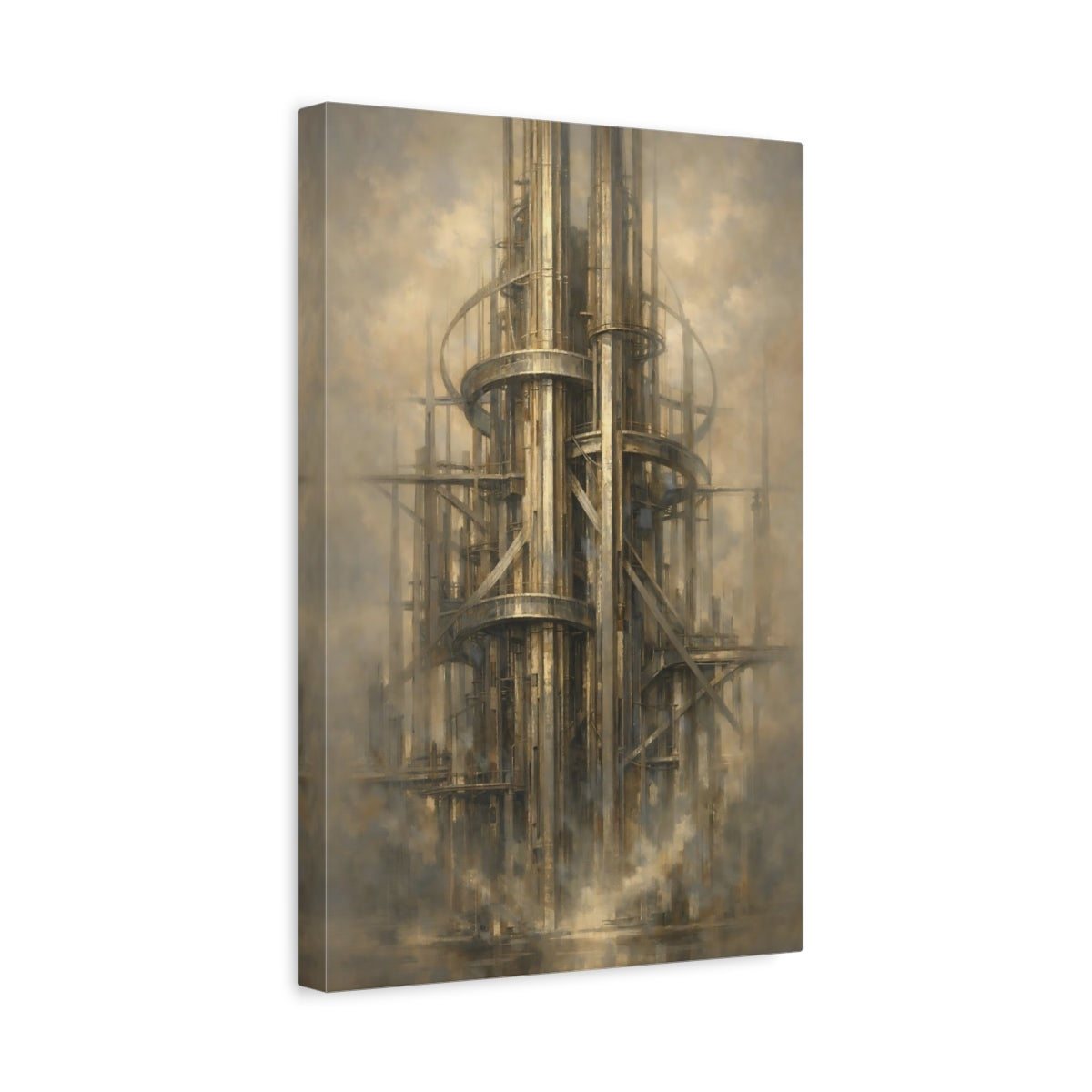 Side Mockup 4. Science Fiction Industrial Tower Sci-Fi Architecture shown as stretched canvas wall art