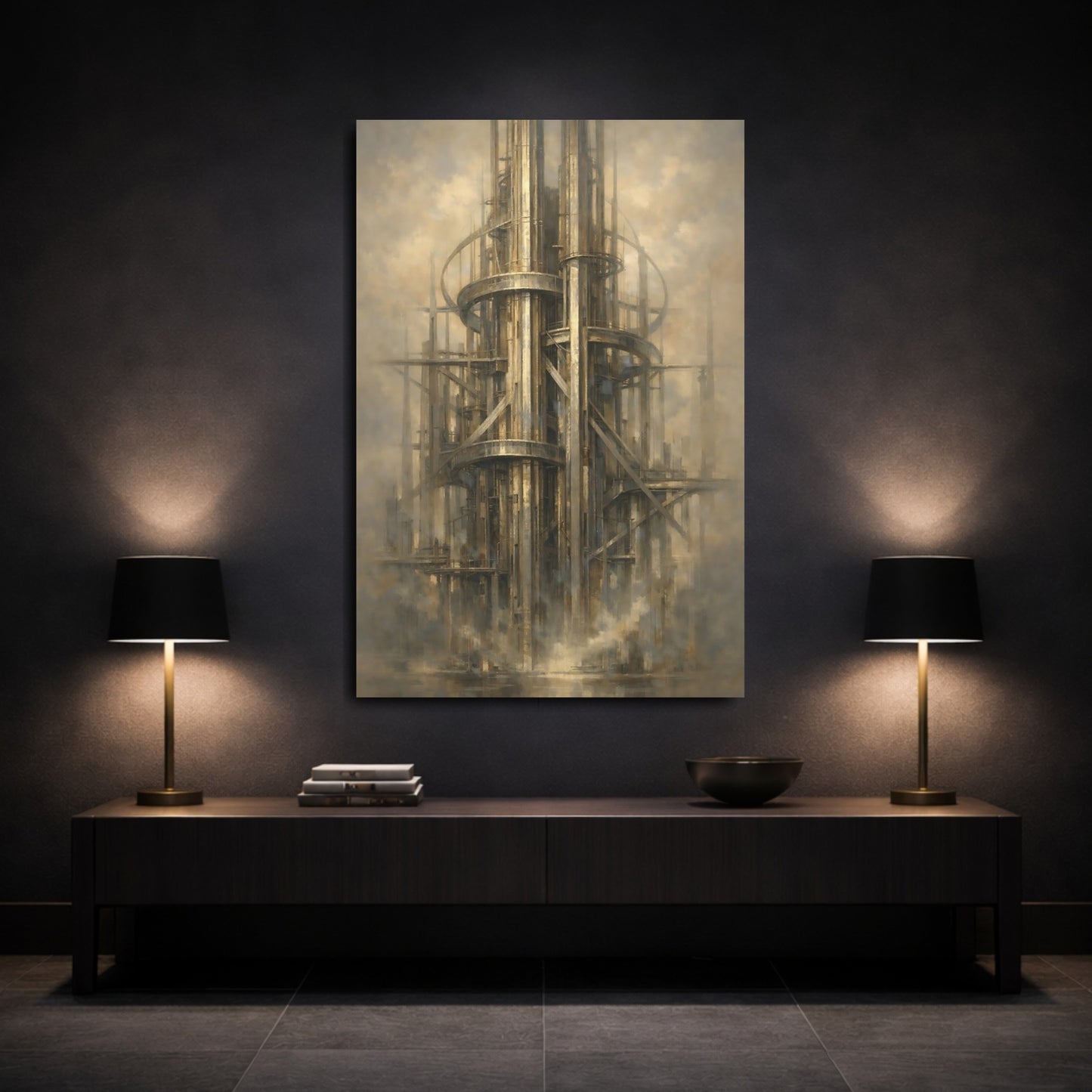 Mockup 2. Science Fiction Industrial Tower Sci-Fi Architecture shown as stretched canvas wall art