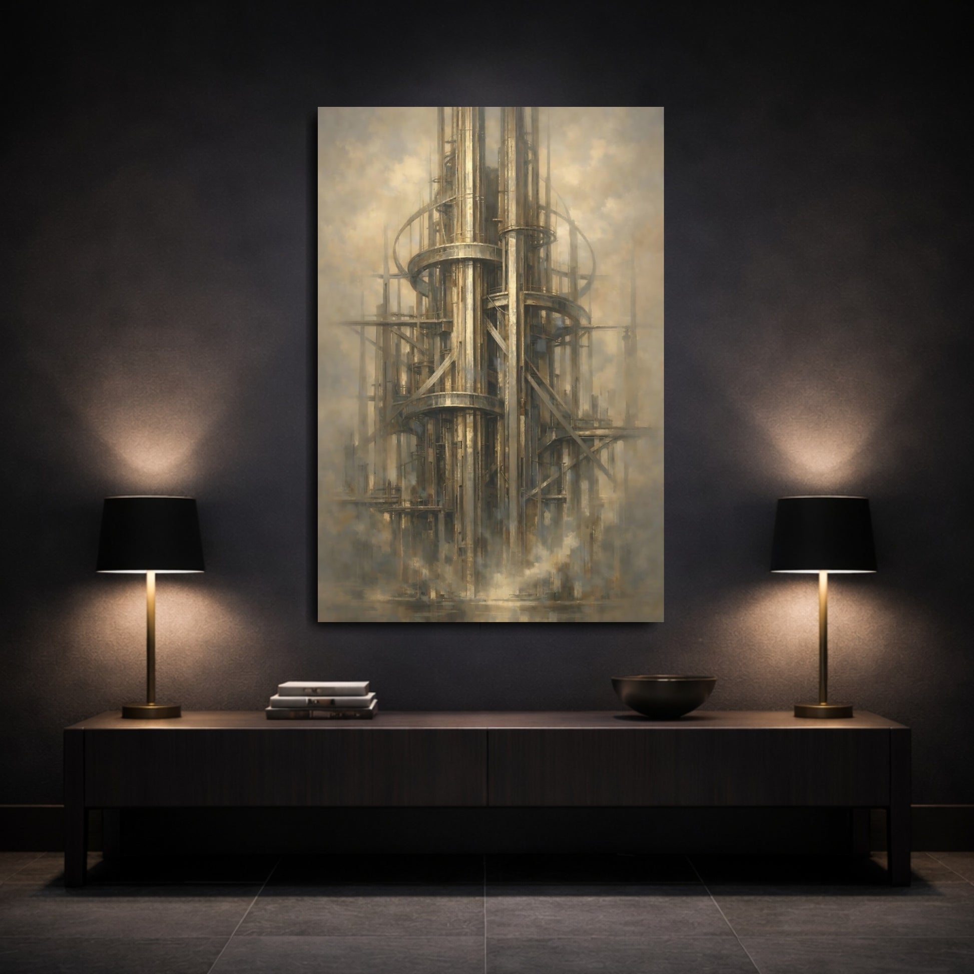 Mockup 2. Science Fiction Industrial Tower Sci-Fi Architecture shown as stretched canvas wall art