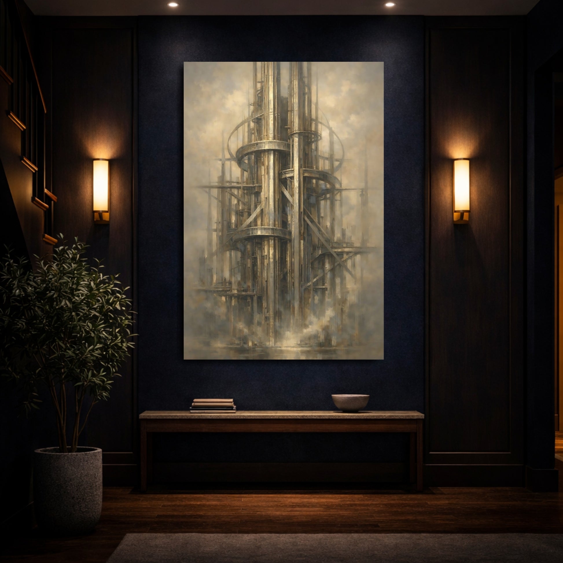 Mockup 3. Science Fiction Industrial Tower Sci-Fi Architecture shown as stretched canvas wall art
