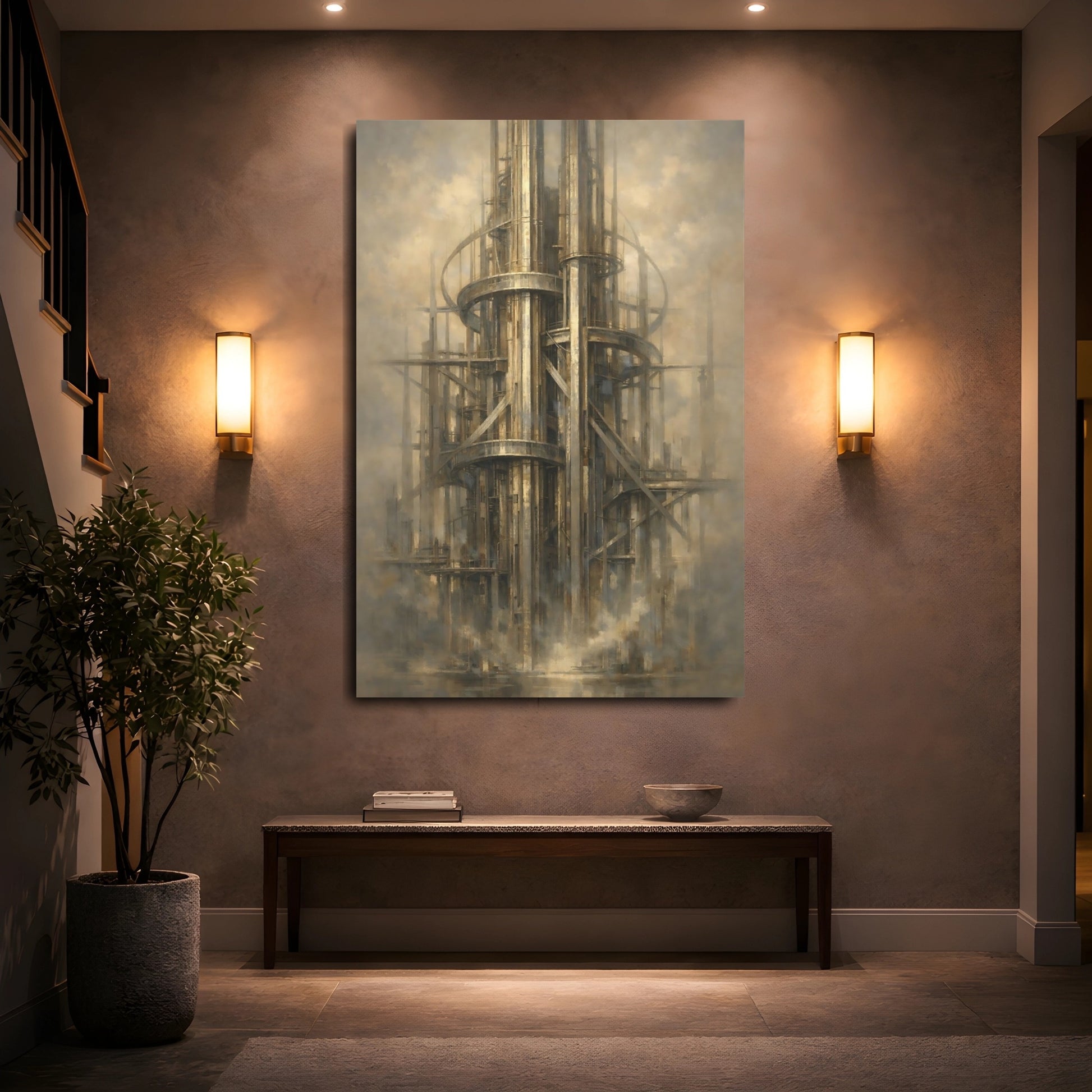 Mockup 4. Science Fiction Industrial Tower Sci-Fi Architecture shown as stretched canvas wall art