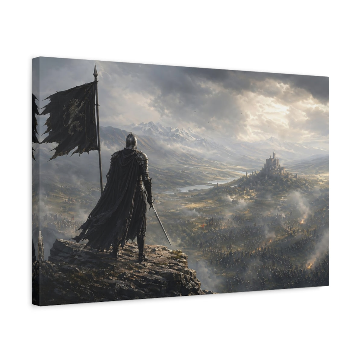 Side Mockup 3. Science Fiction Knight Knight And Castle shown as stretched canvas wall art