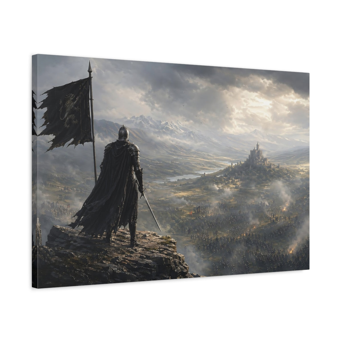 Side Mockup 2. Science Fiction Knight Knight And Castle shown as stretched canvas wall art