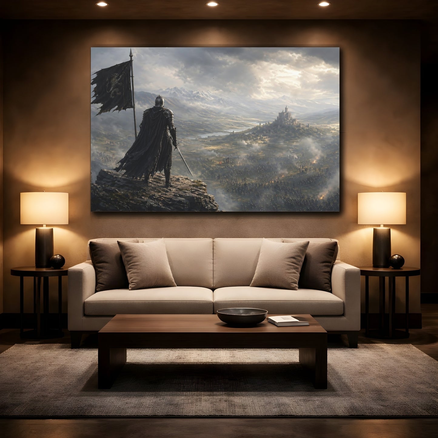Mockup 2. Science Fiction Knight Knight And Castle shown as stretched canvas wall art