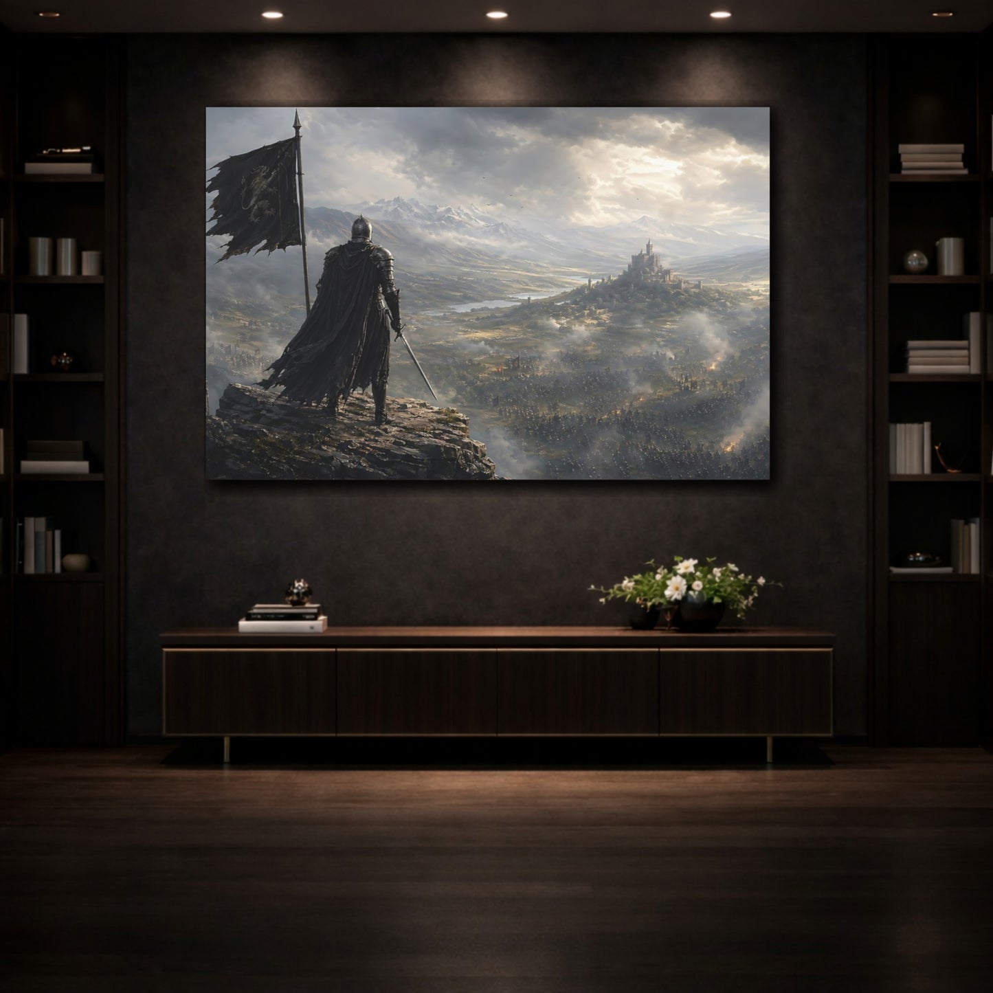Mockup 3. Science Fiction Knight Knight And Castle shown as stretched canvas wall art