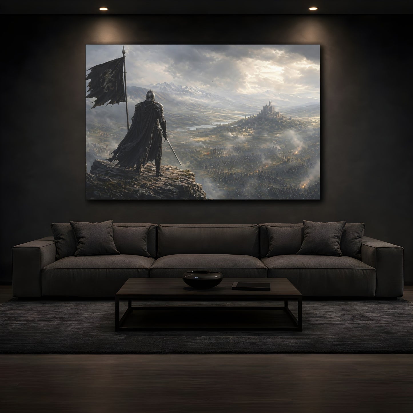 Mockup 4. Science Fiction Knight Knight And Castle shown as stretched canvas wall art
