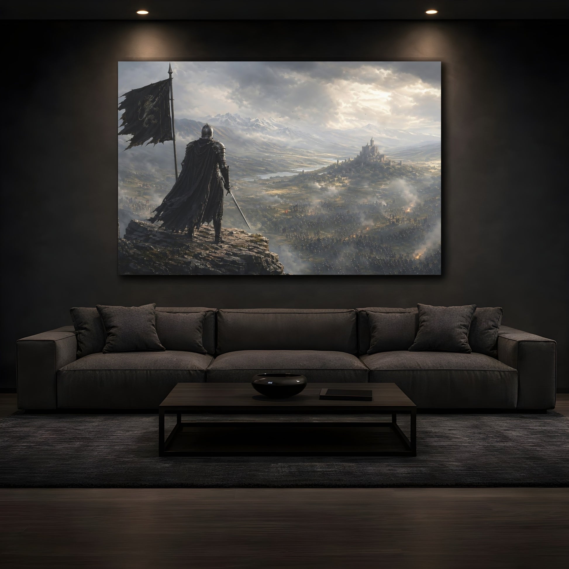Mockup 4. Science Fiction Knight Knight And Castle shown as stretched canvas wall art