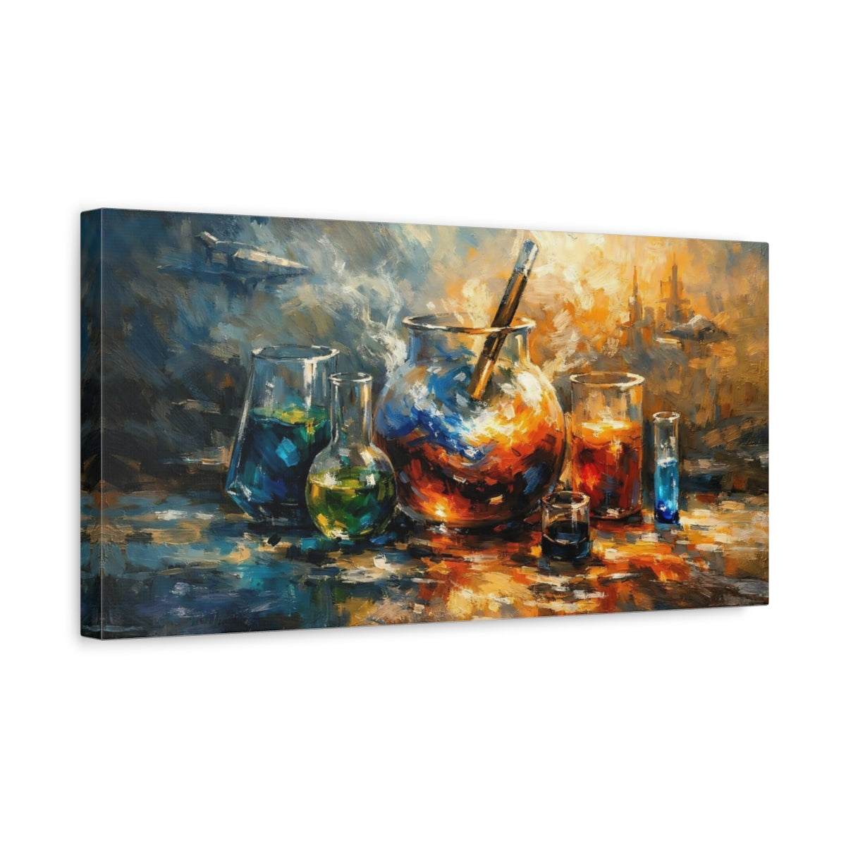 Side Mockup 3. Science Fiction Lab Equipment Blue And Orange shown as stretched canvas wall art