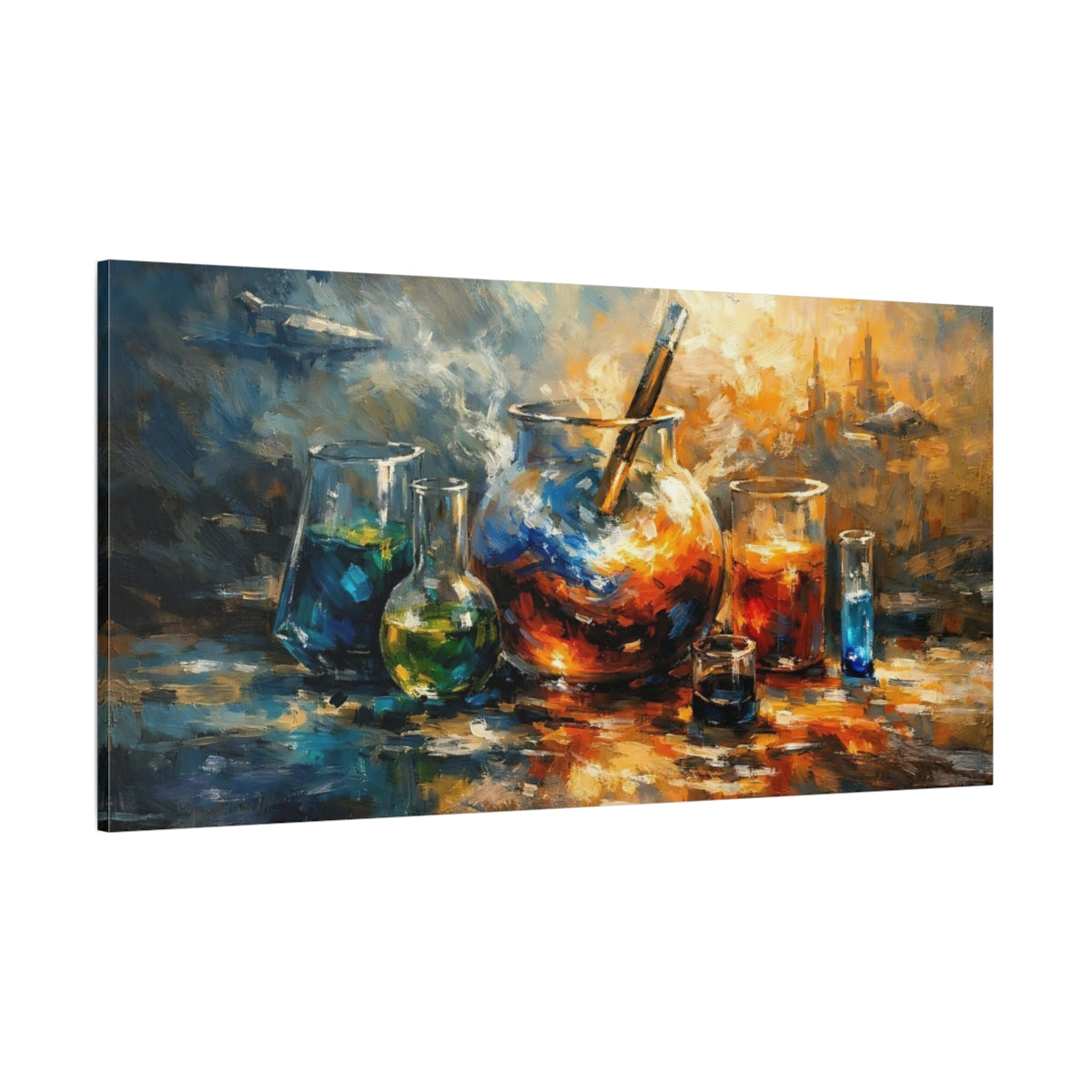 Main Mockup. Science Fiction Lab Equipment Blue And Orange shown as stretched canvas wall art
