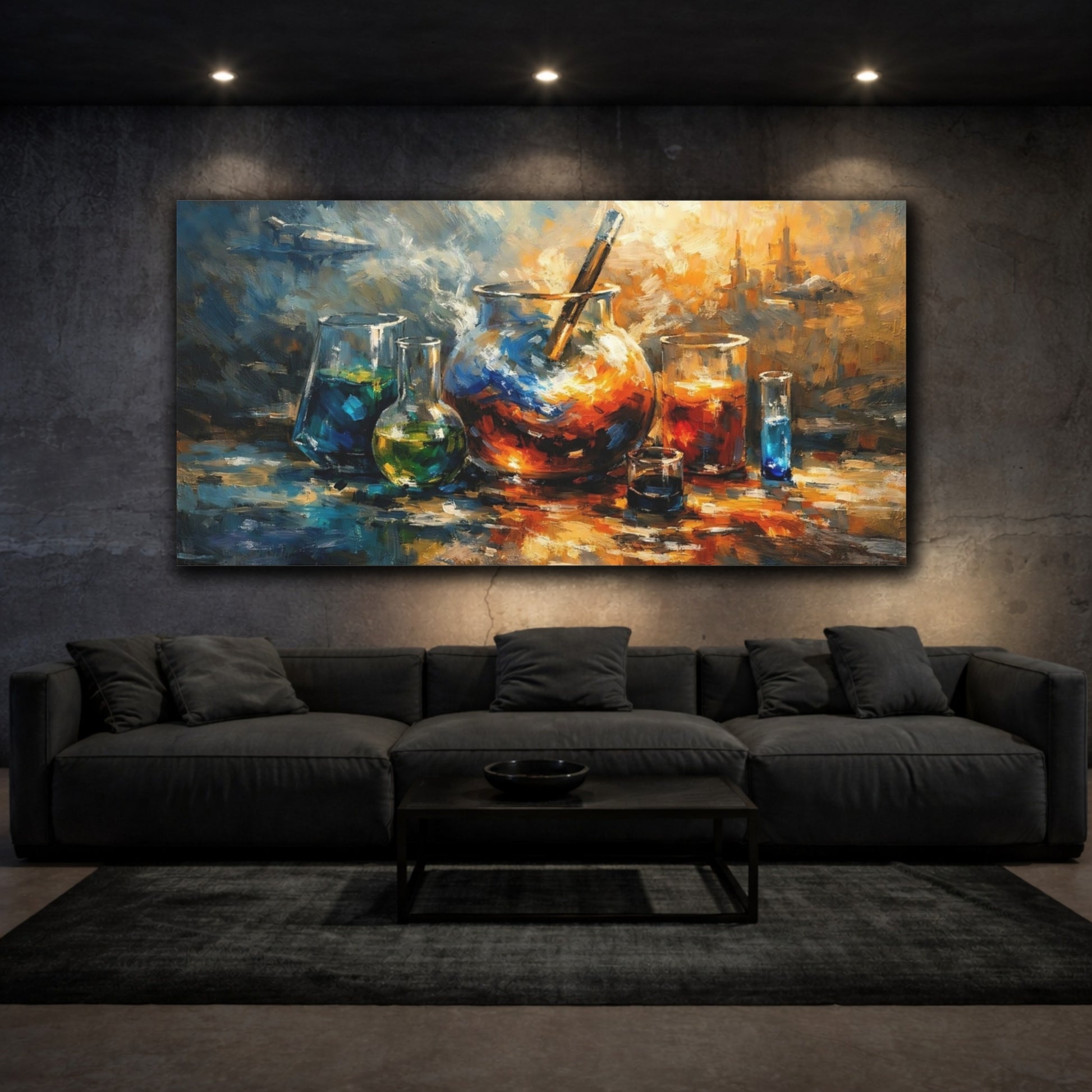 Mockup 2. Science Fiction Lab Equipment Blue And Orange shown as stretched canvas wall art