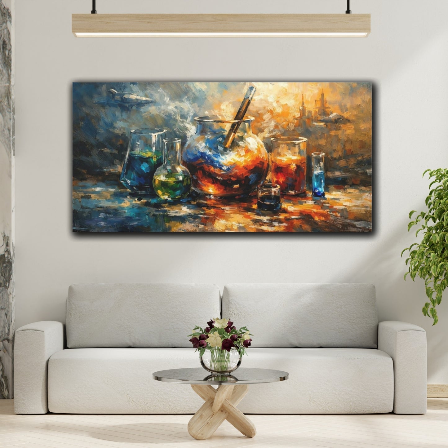 Mockup 3. Science Fiction Lab Equipment Blue And Orange shown as stretched canvas wall art