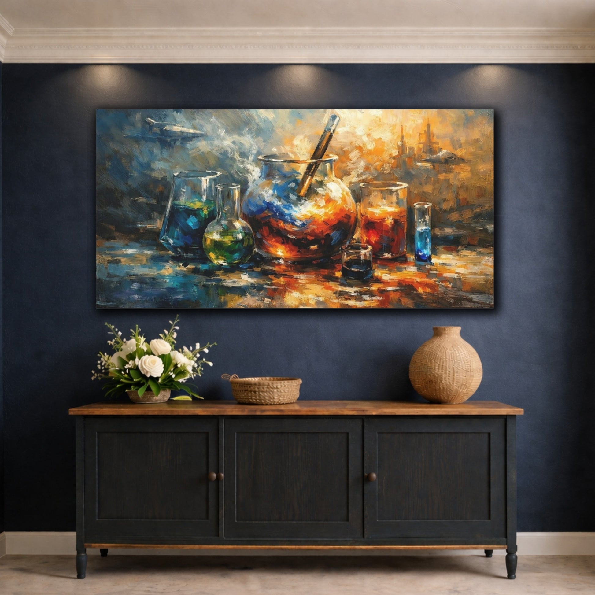 Mockup 4. Science Fiction Lab Equipment Blue And Orange shown as stretched canvas wall art