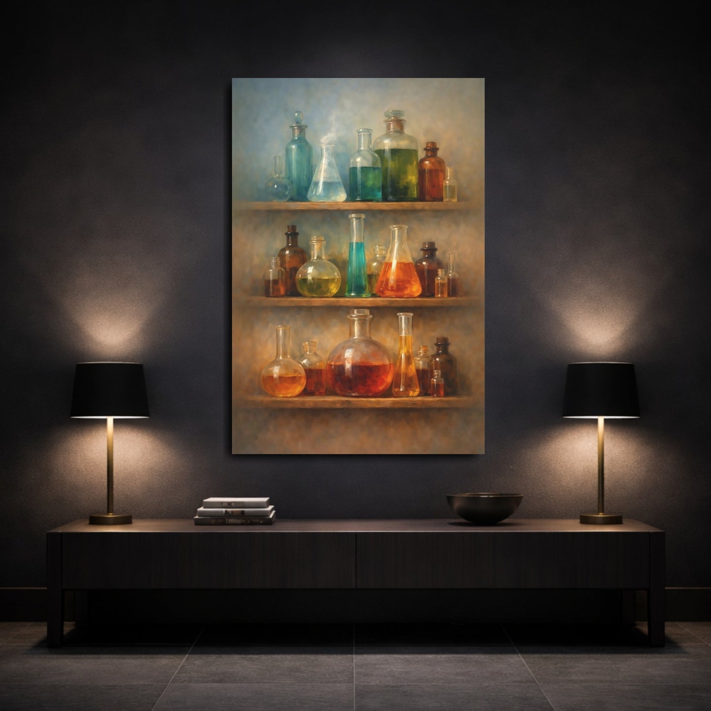 Mockup 2. Science Fiction Laboratory Bottles Science Lab Bottles shown as stretched canvas wall art