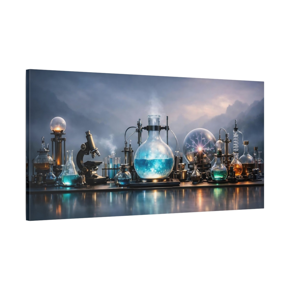 Side Mockup 1. Science Fiction Laboratory Equipment Blue And Grey Lab shown as stretched canvas wall art