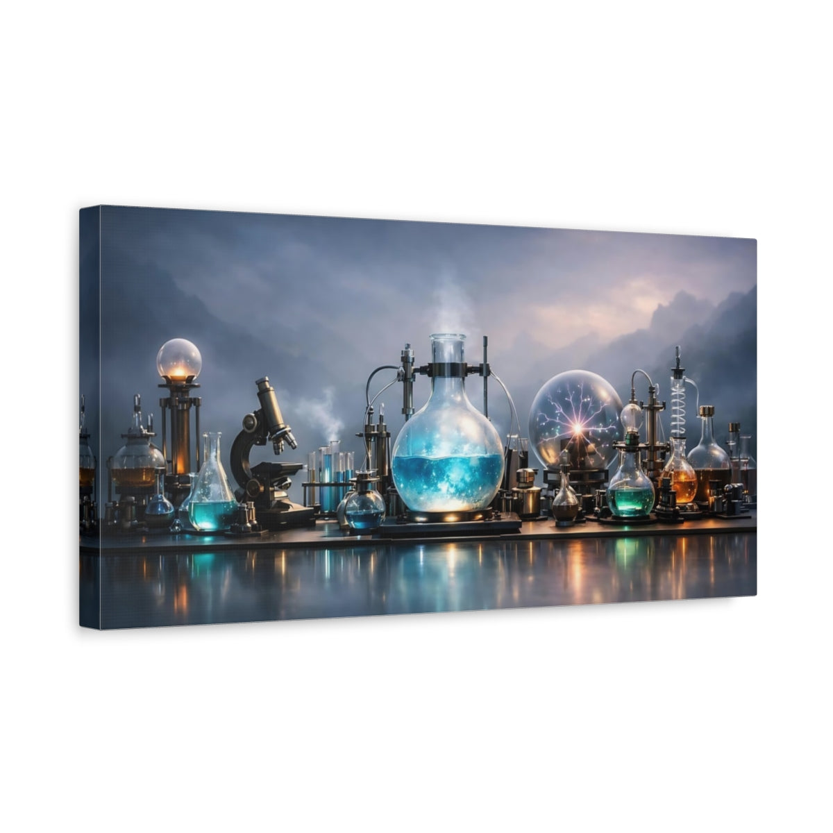 Side Mockup 3. Science Fiction Laboratory Equipment Blue And Grey Lab shown as stretched canvas wall art