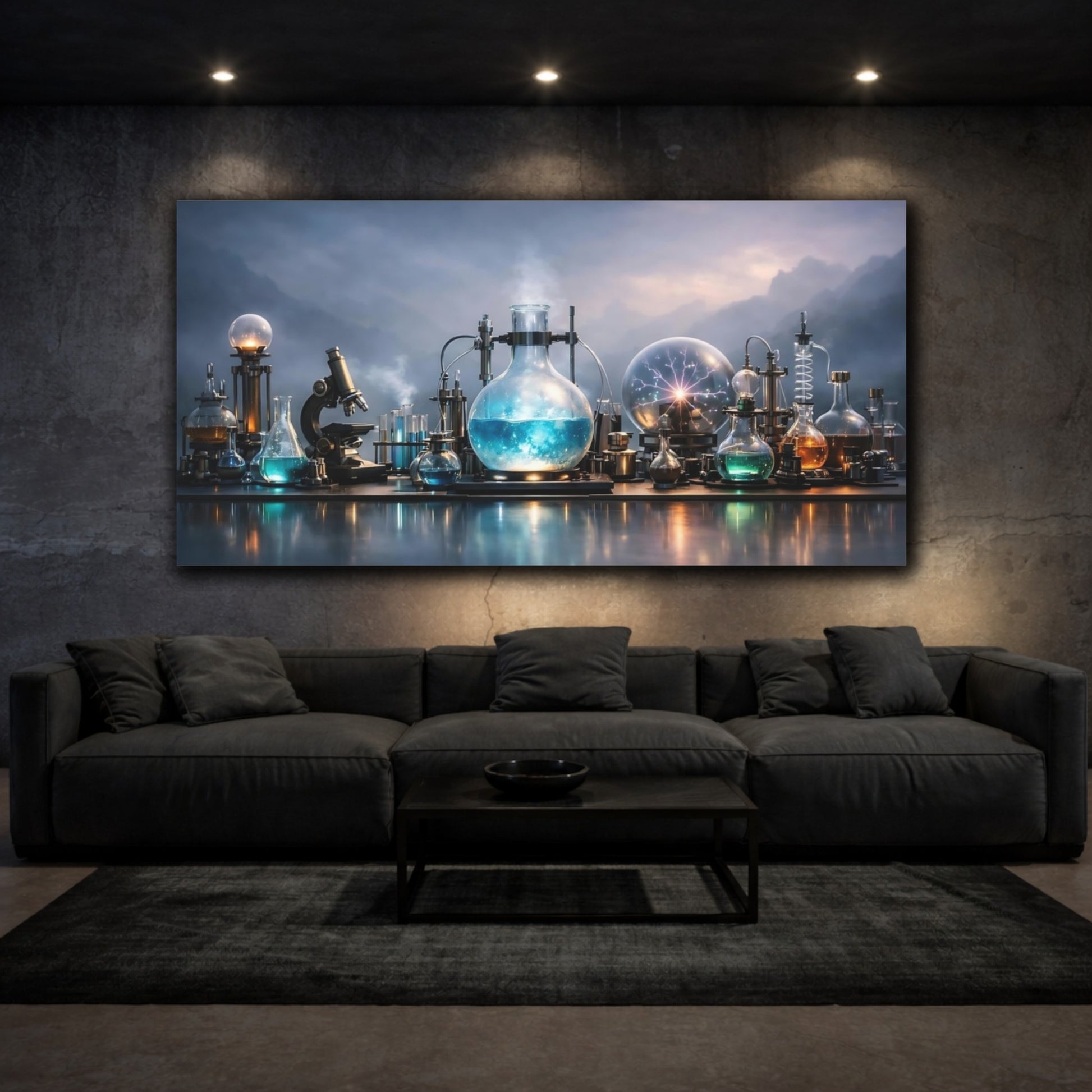 Mockup 2. Science Fiction Laboratory Equipment Blue And Grey Lab shown as stretched canvas wall art