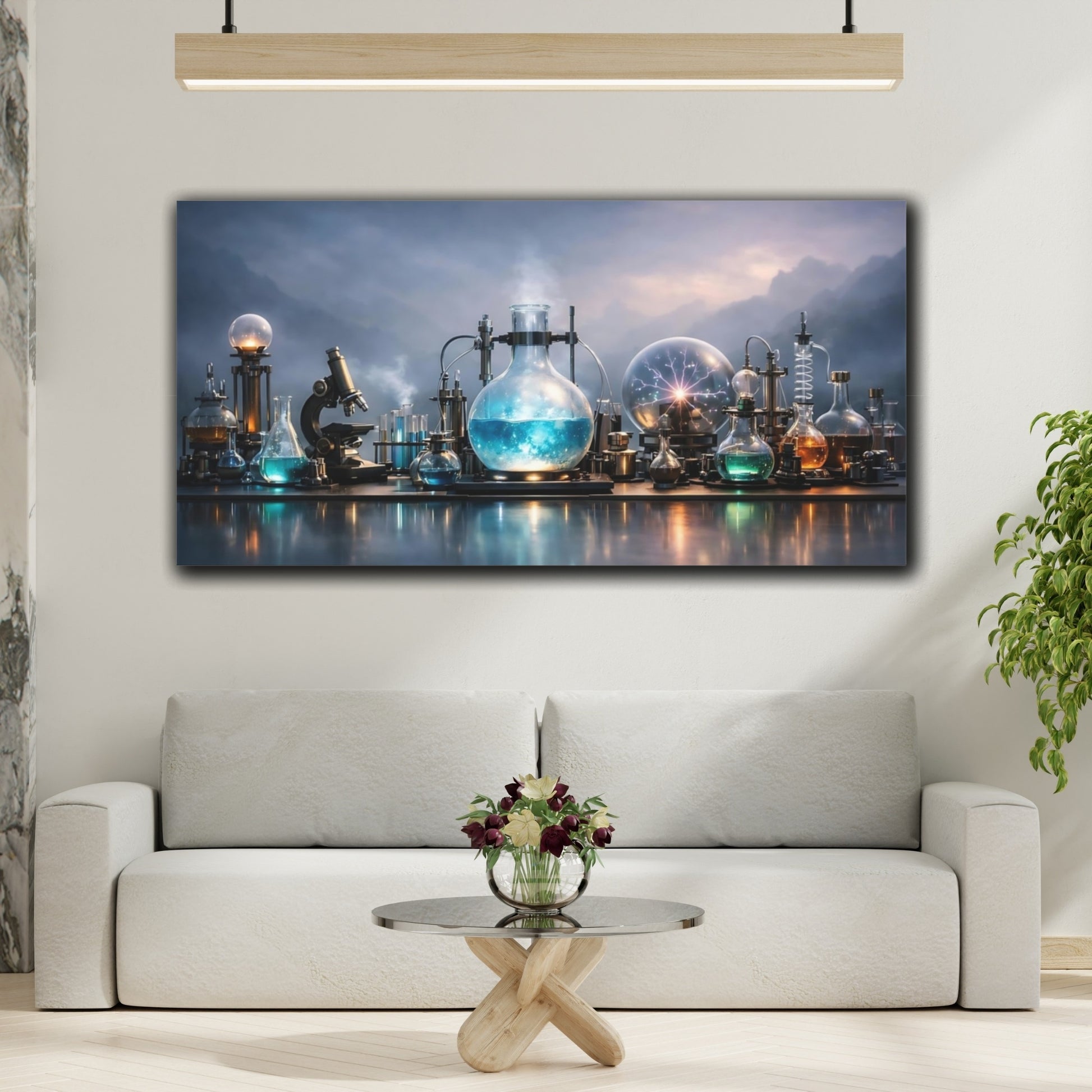 Mockup 3. Science Fiction Laboratory Equipment Blue And Grey Lab shown as stretched canvas wall art