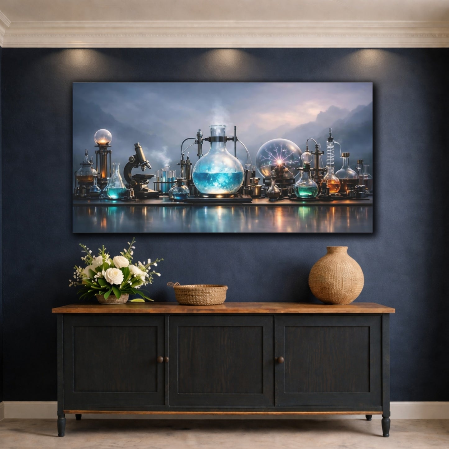Mockup 4. Science Fiction Laboratory Equipment Blue And Grey Lab shown as stretched canvas wall art
