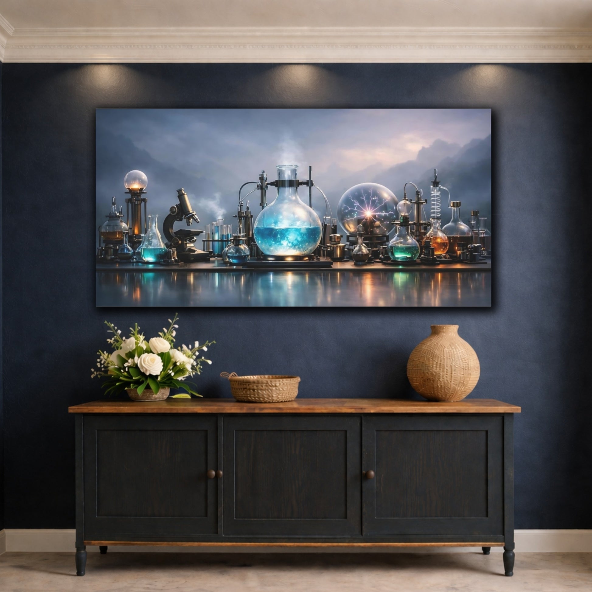 Mockup 4. Science Fiction Laboratory Equipment Blue And Grey Lab shown as stretched canvas wall art