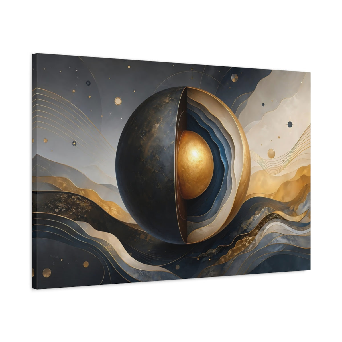 Main Mockup. Science Fiction Layered Sphere Blue Gold Abstract shown as stretched canvas wall art