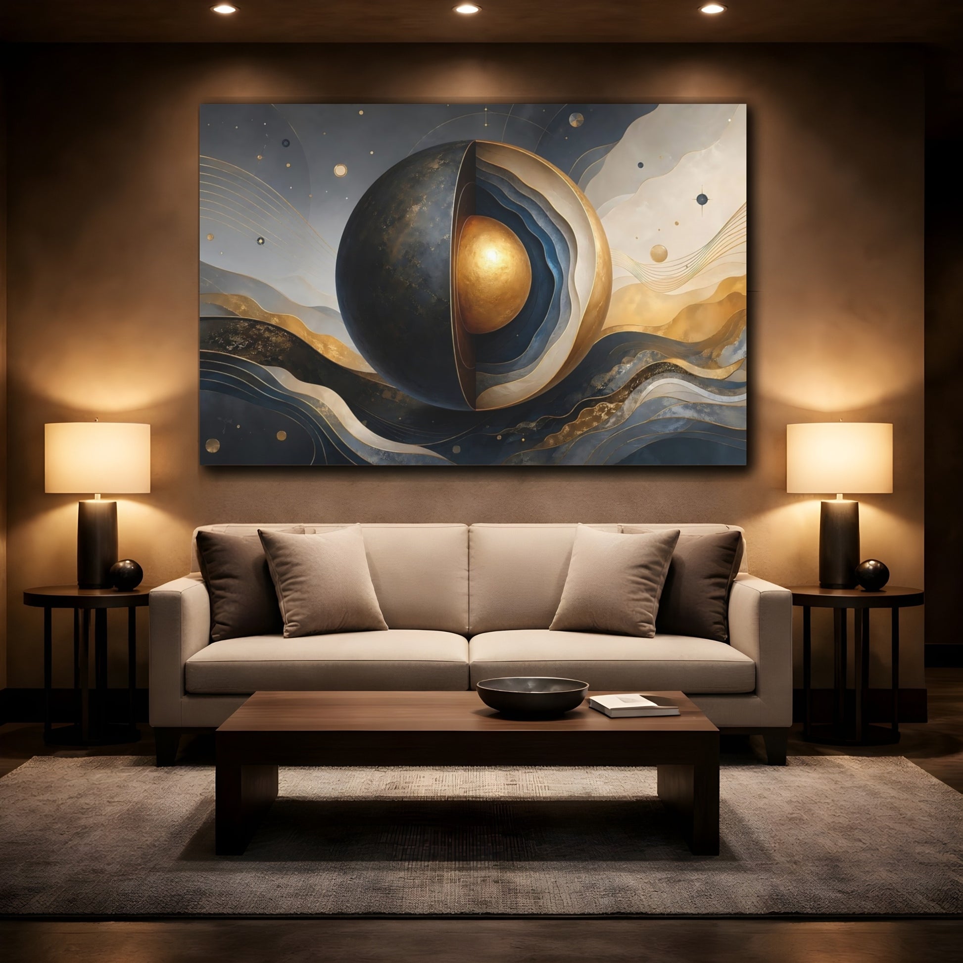 Mockup 2. Science Fiction Layered Sphere Blue Gold Abstract shown as stretched canvas wall art
