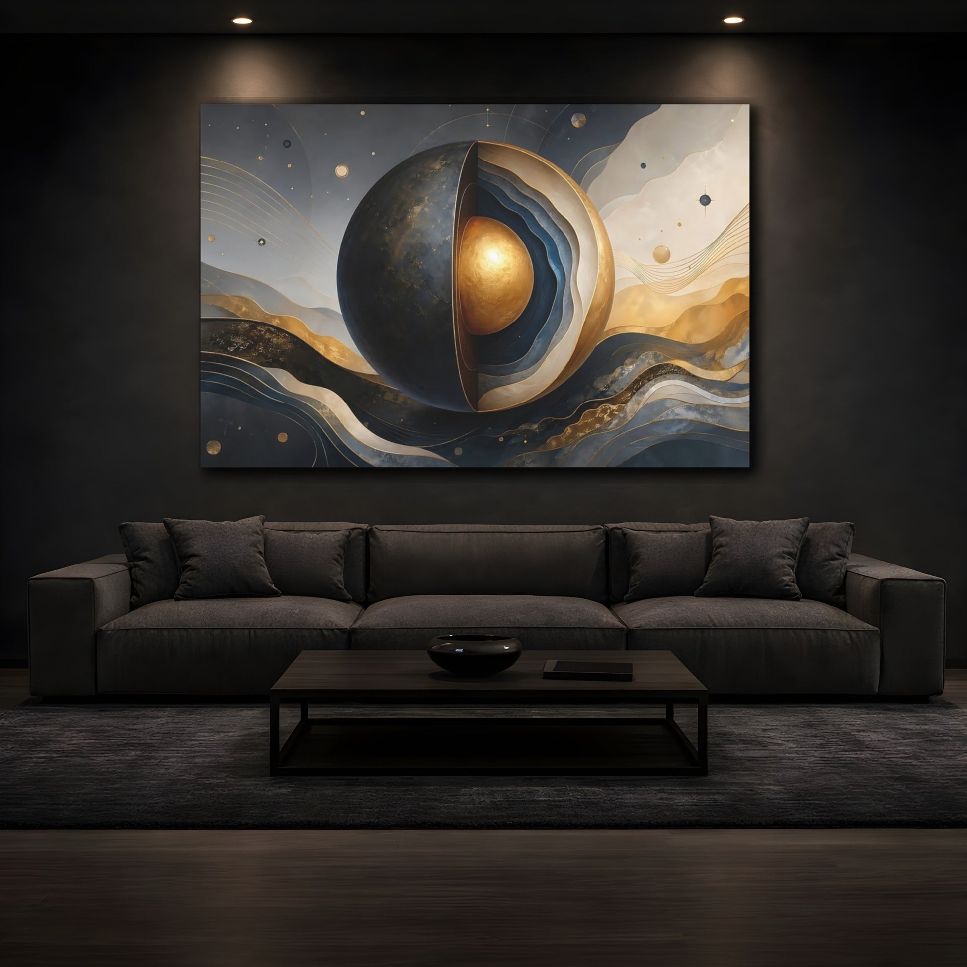 Mockup 3. Science Fiction Layered Sphere Blue Gold Abstract shown as stretched canvas wall art