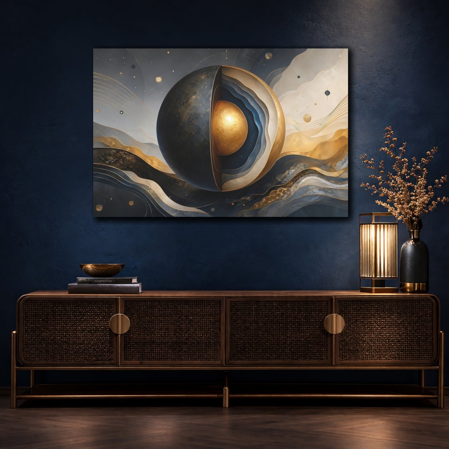 Mockup 4. Science Fiction Layered Sphere Blue Gold Abstract shown as stretched canvas wall art