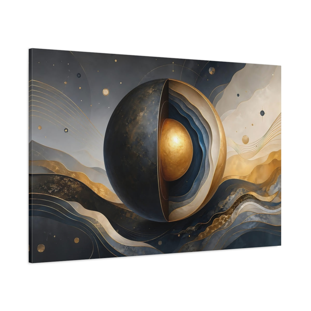 Side Mockup 1. Science Fiction Layered Sphere Blue Gold Abstract shown as stretched canvas wall art