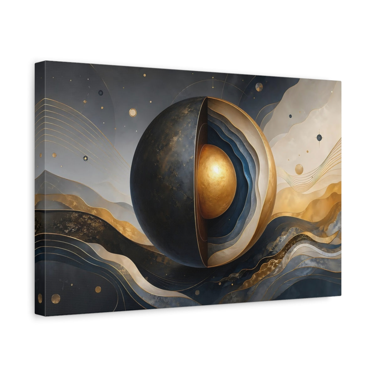 Side Mockup 4. Science Fiction Layered Sphere Blue Gold Abstract shown as stretched canvas wall art