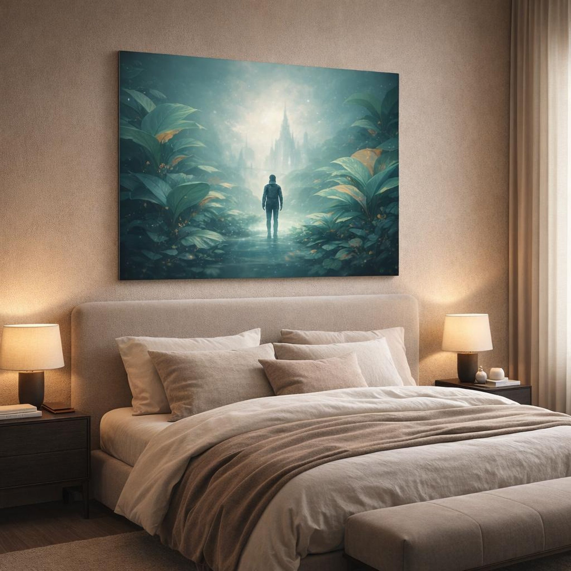 Science Fiction Leaves Garden shown as canvas wall art in a luxury bedroom