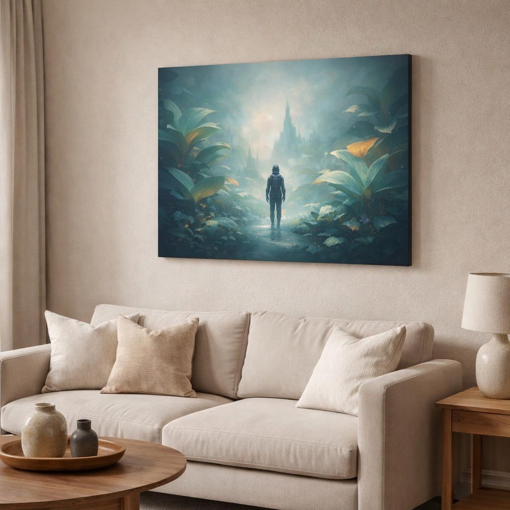 Science Fiction Leaves Garden shown as canvas wall art in a modern living room