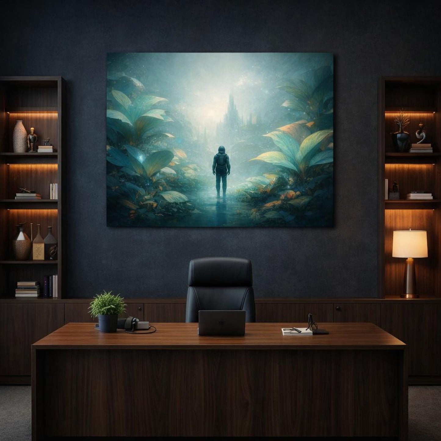Science Fiction Leaves Garden shown as canvas wall art in a luxury executive office