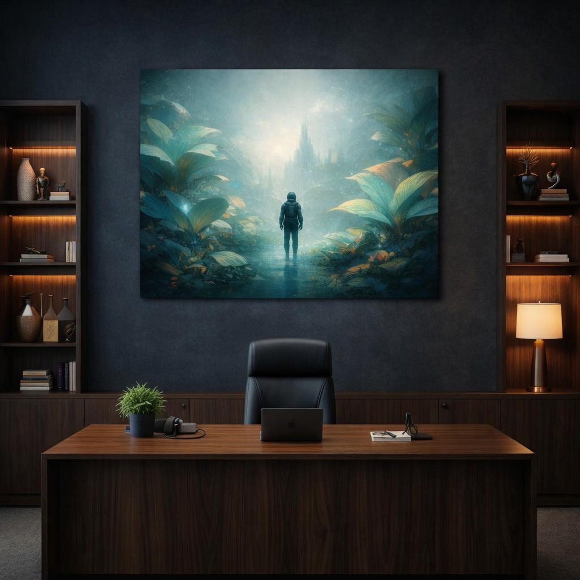 Science Fiction Leaves Garden shown as canvas wall art in a luxury executive office