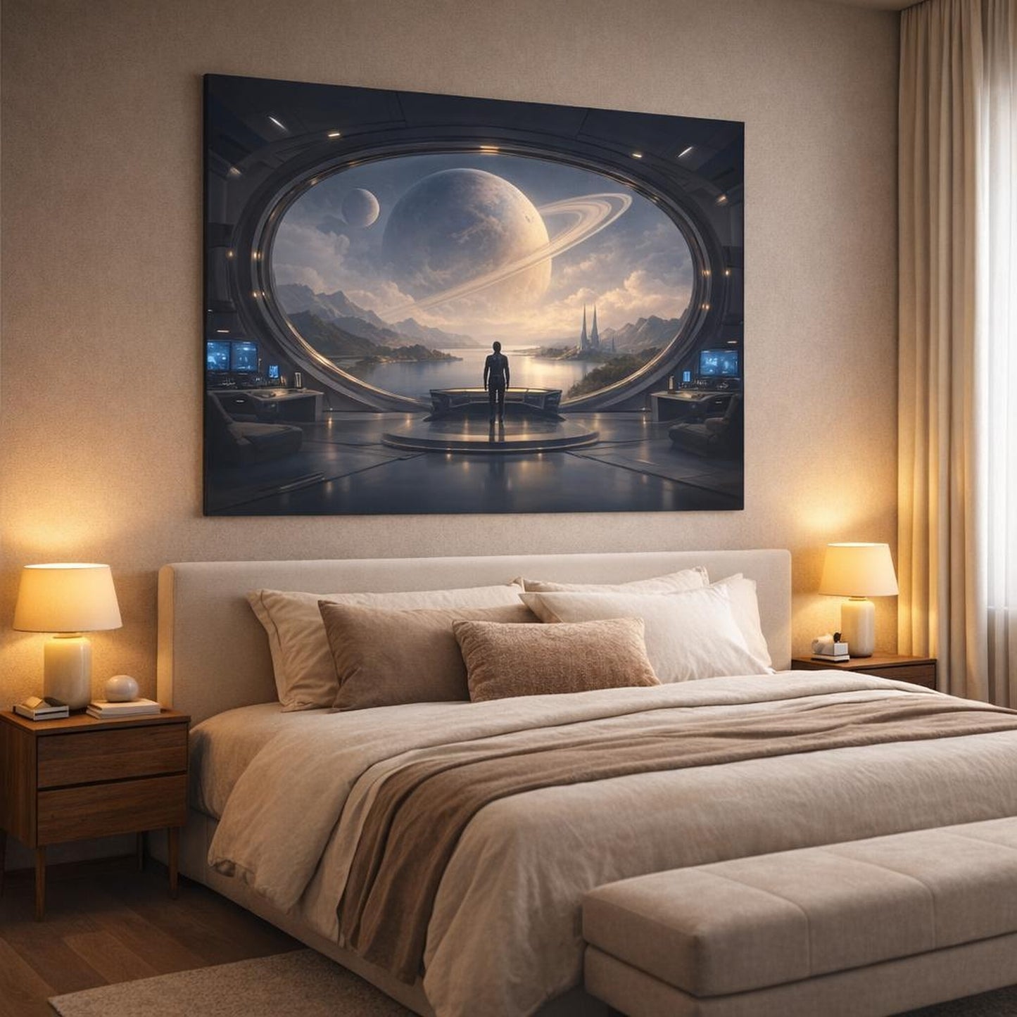 Science Fiction Leaves Serene shown as canvas wall art in a luxury bedroom
