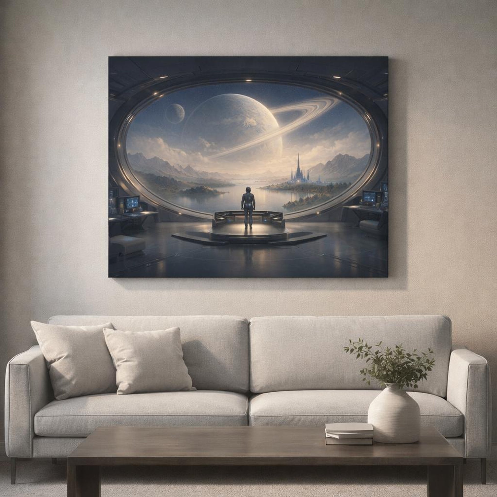 Science Fiction Leaves Serene shown as canvas wall art in a refined dining room