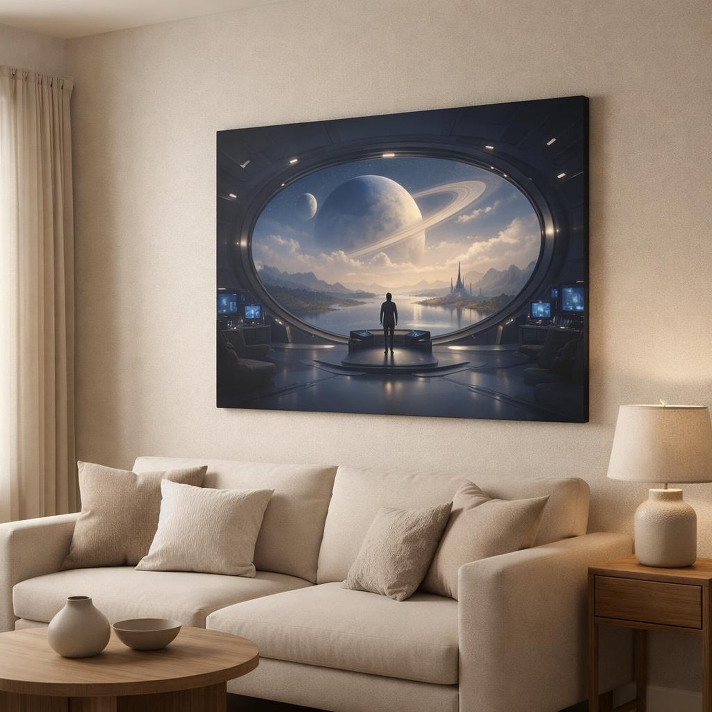 Science Fiction Leaves Serene shown as canvas wall art in a modern living room