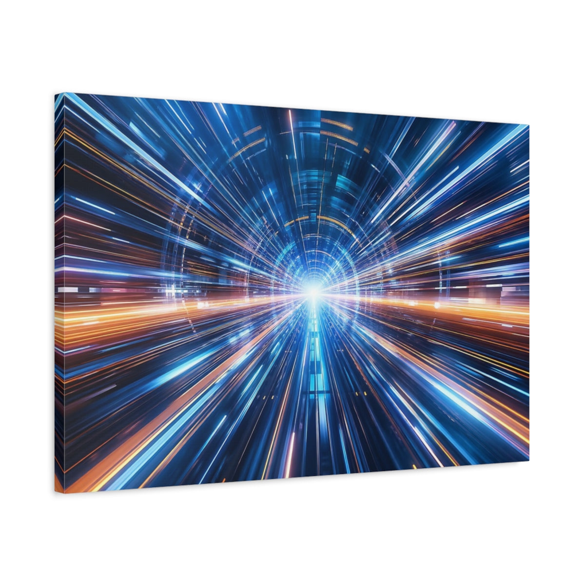 Side Mockup 2. Science Fiction Light Tunnel Blue And Orange shown as stretched canvas wall art