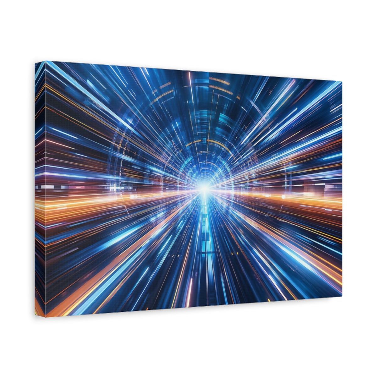 Side Mockup 4. Science Fiction Light Tunnel Blue And Orange shown as stretched canvas wall art