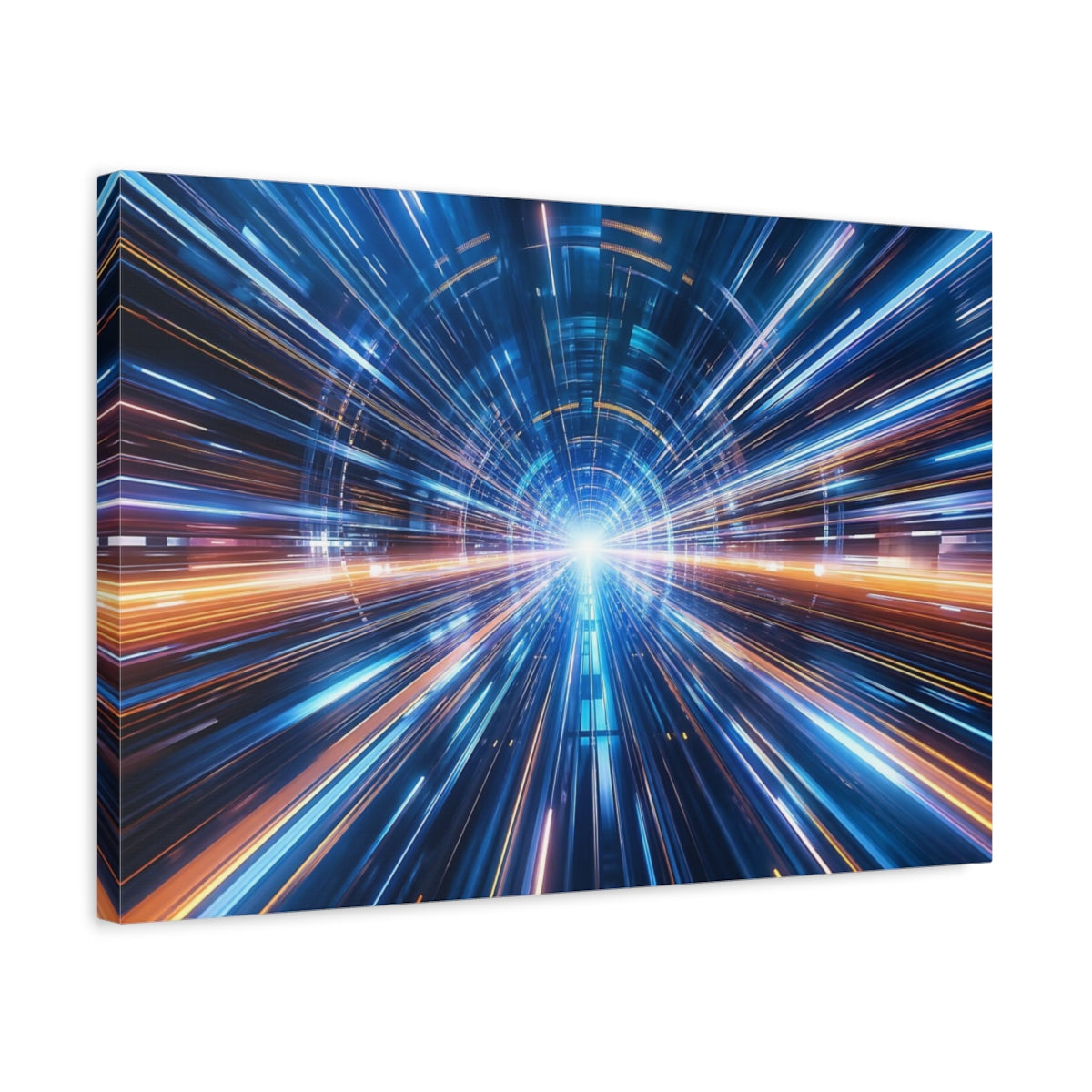 Side Mockup 3. Science Fiction Light Tunnel Blue And Orange shown as stretched canvas wall art