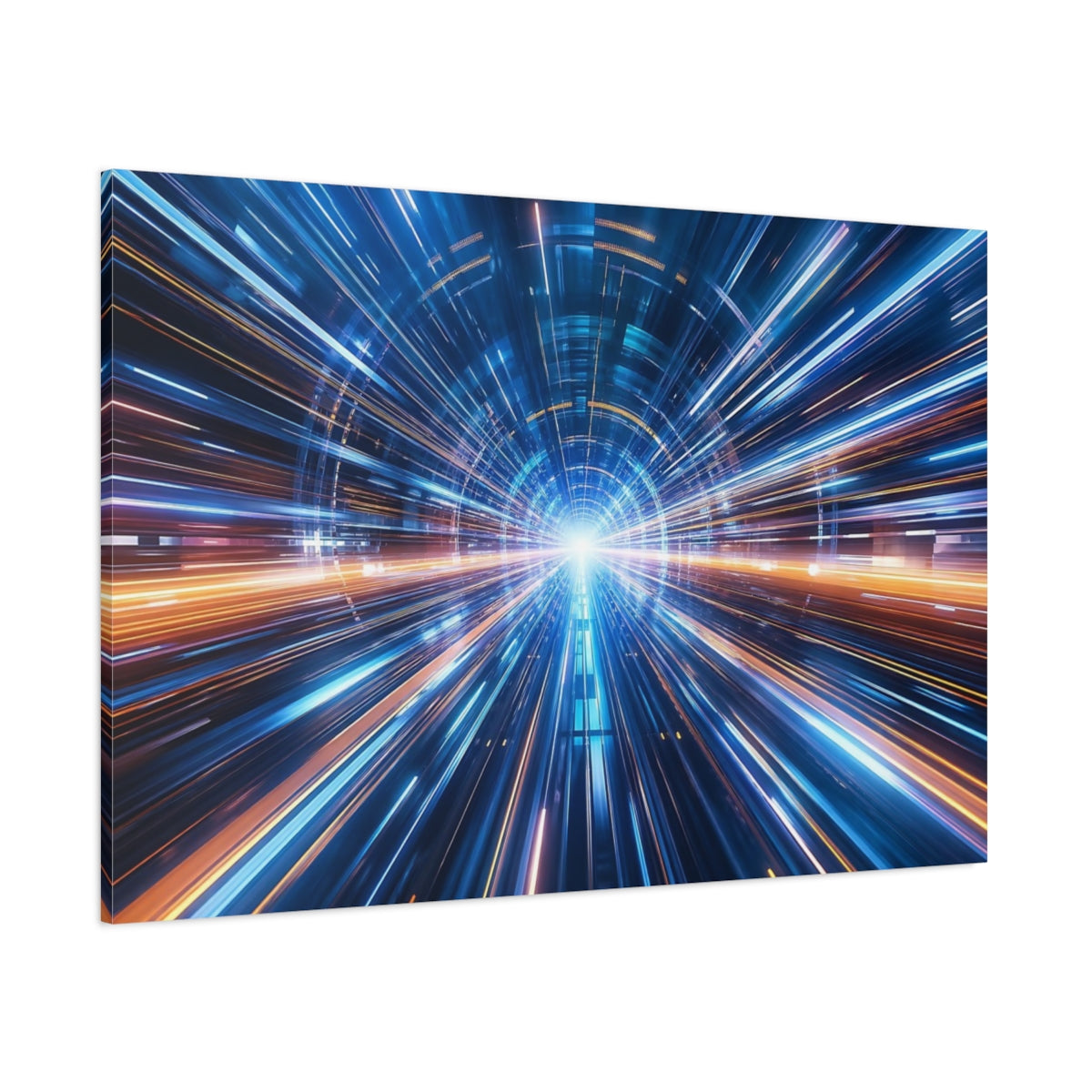 Side Mockup 1. Science Fiction Light Tunnel Blue And Orange shown as stretched canvas wall art
