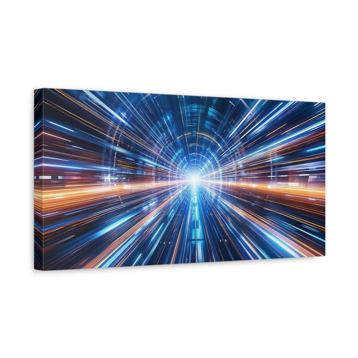 Side Mockup 3. Science Fiction Light Tunnel Blue And Orange shown as stretched canvas wall art