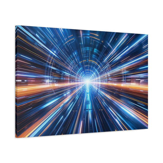 Main Mockup. Science Fiction Light Tunnel Blue And Orange shown as stretched canvas wall art