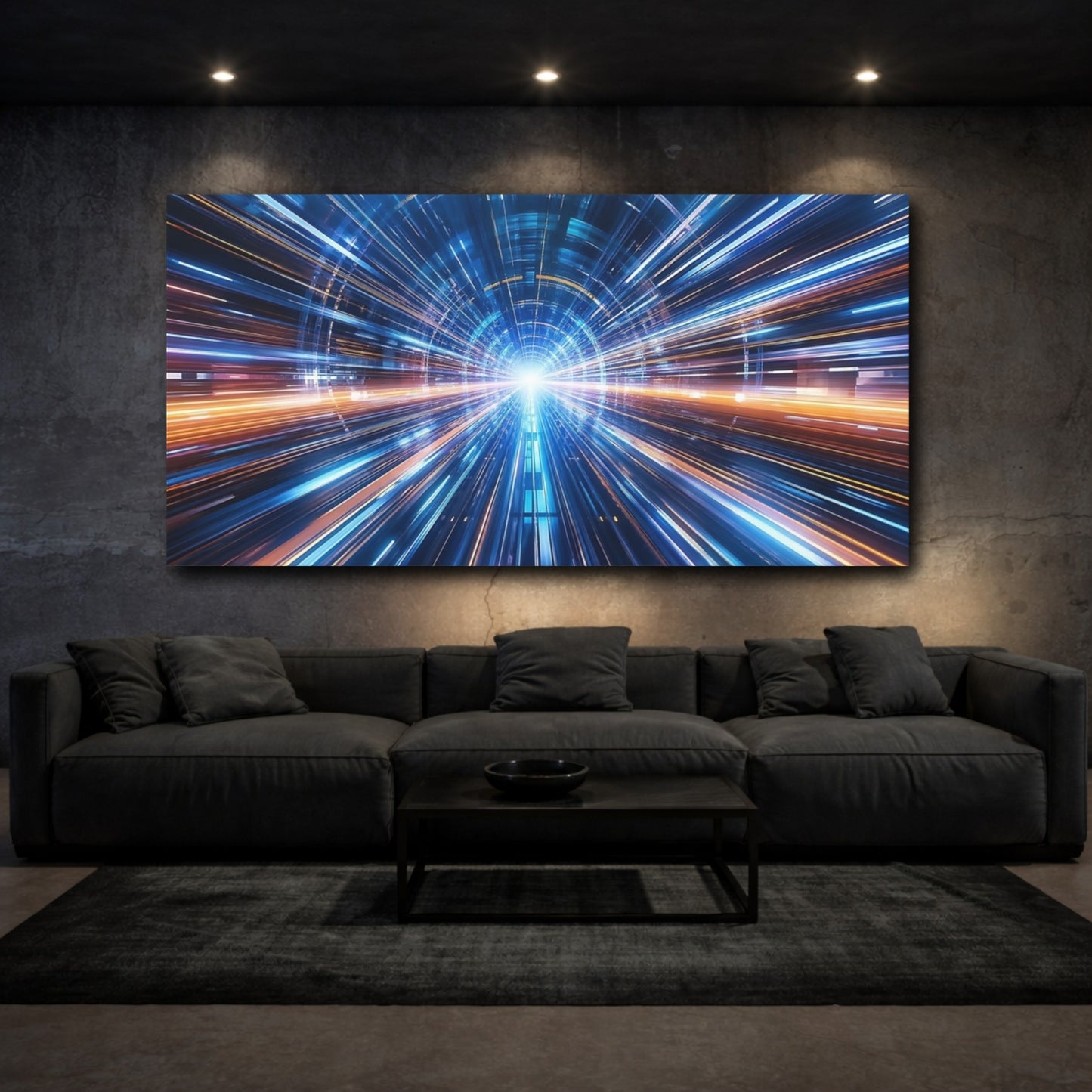 Mockup 2. Science Fiction Light Tunnel Blue And Orange shown as stretched canvas wall art