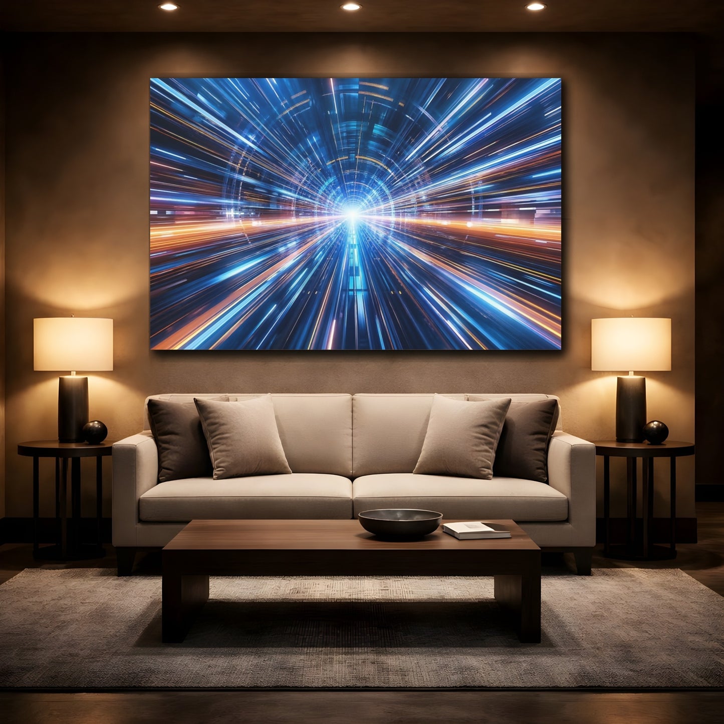 Mockup 2. Science Fiction Light Tunnel Blue And Orange shown as stretched canvas wall art