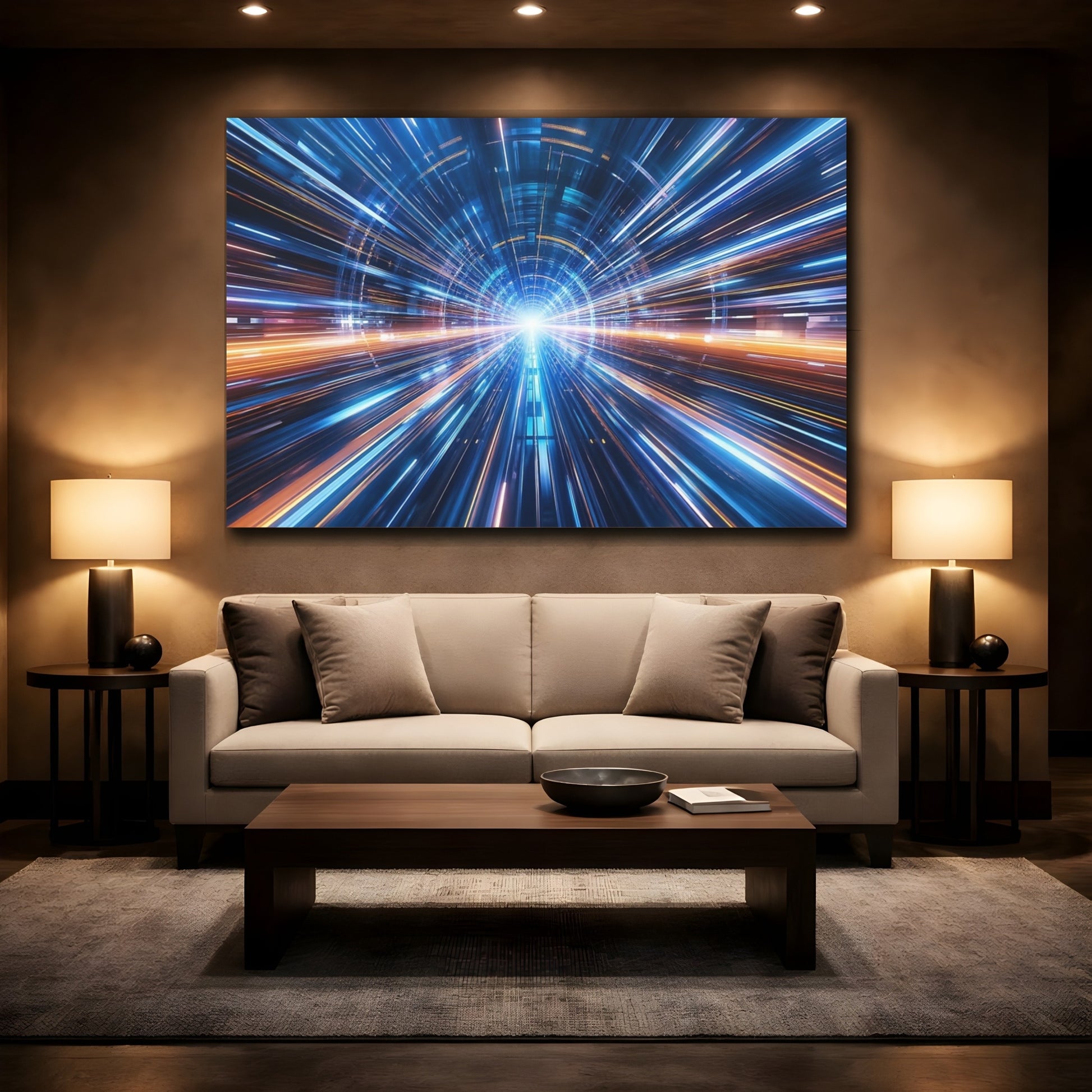 Mockup 2. Science Fiction Light Tunnel Blue And Orange shown as stretched canvas wall art
