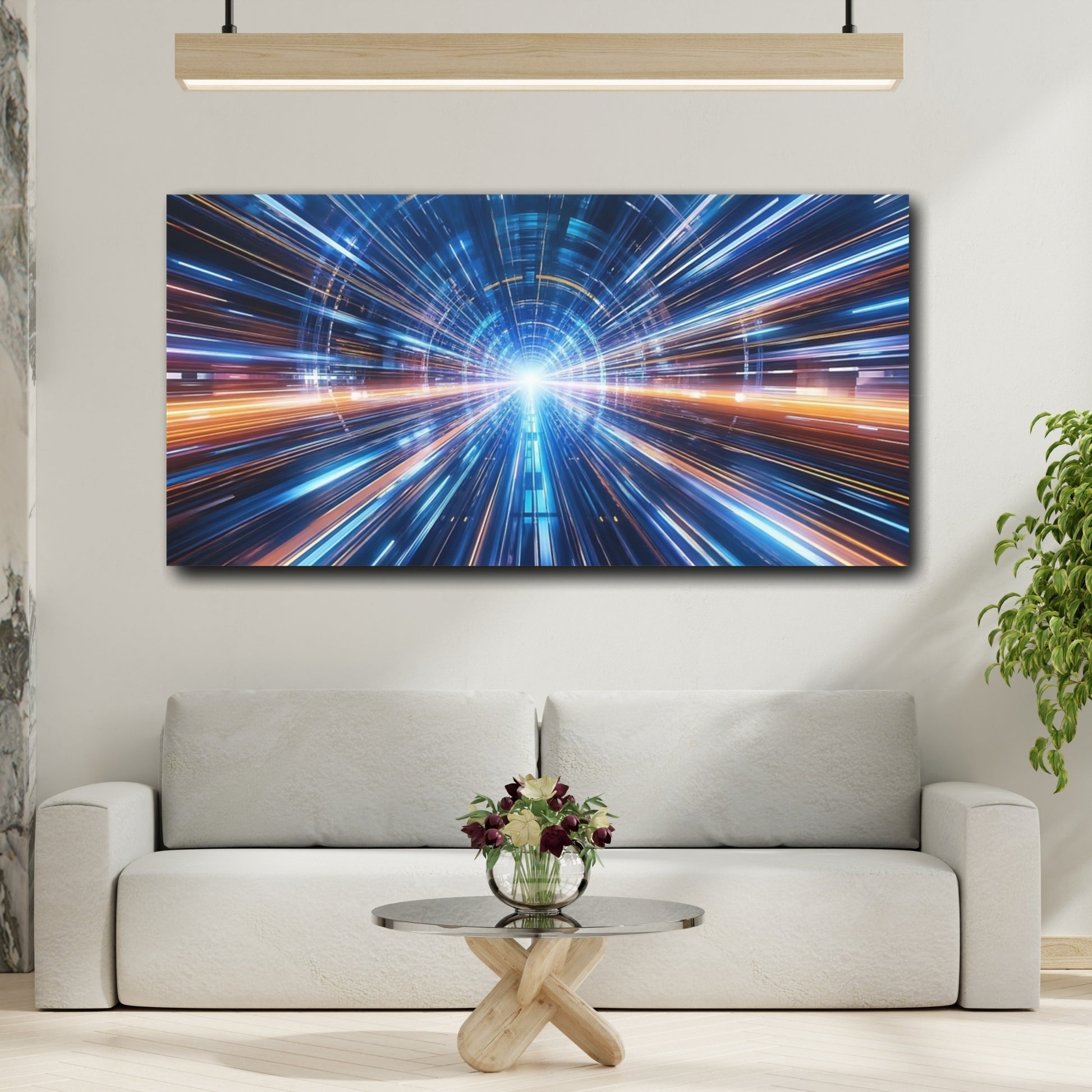 Mockup 3. Science Fiction Light Tunnel Blue And Orange shown as stretched canvas wall art