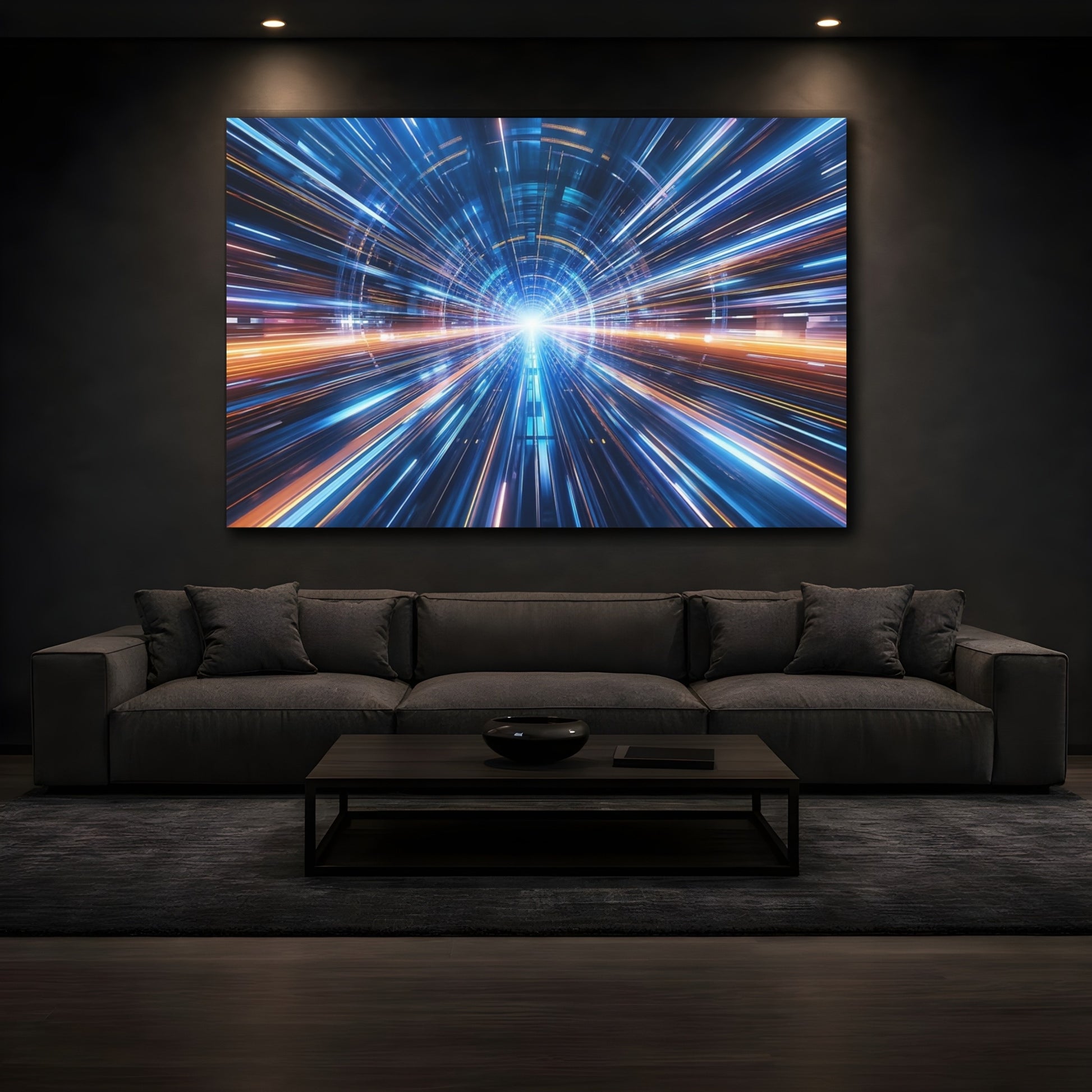 Mockup 3. Science Fiction Light Tunnel Blue And Orange shown as stretched canvas wall art