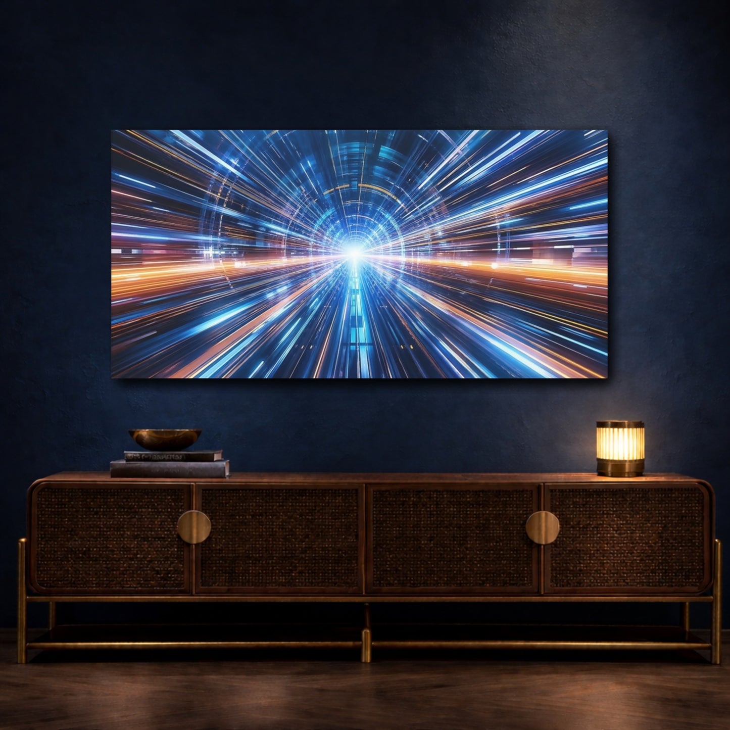 Mockup 4. Science Fiction Light Tunnel Blue And Orange shown as stretched canvas wall art